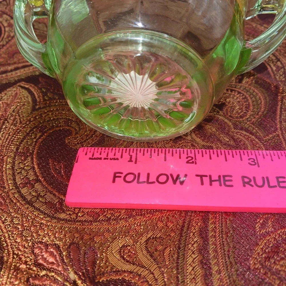 Vtg Green Uranium Glass Creamer & Sugar Bowl Floral w Gold Gilt